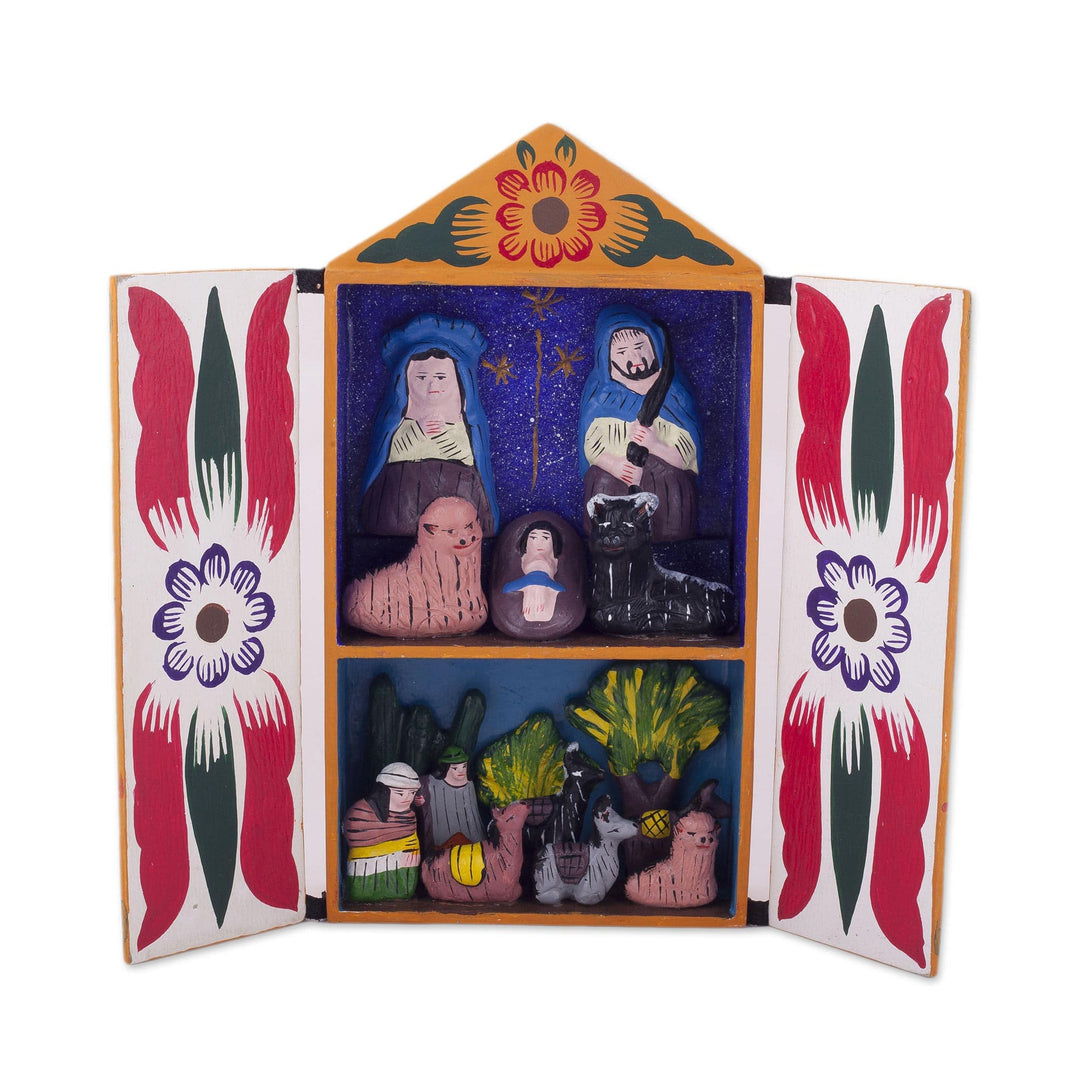 Ceramic Folk Art Religious Retablo Diorama Handmade in Peru - Llamas on Christmas Eve