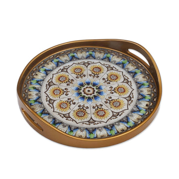 Andean Sunflower Theme Reverse-Painted Glass Tray - Blue Andean Mandala