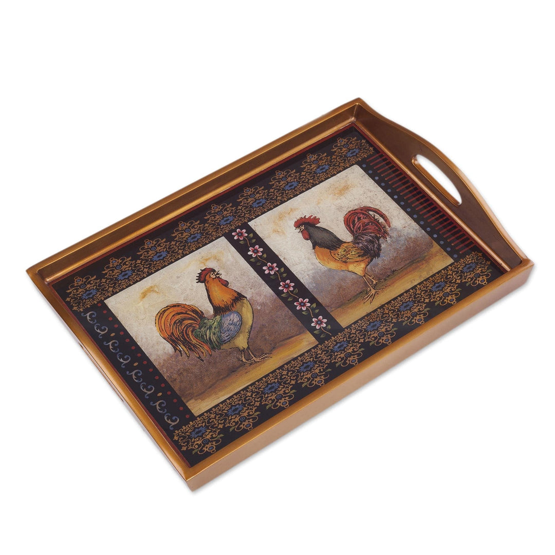 Rooster-Themed Reverse Painted Glass Tray - Crowing Roosters