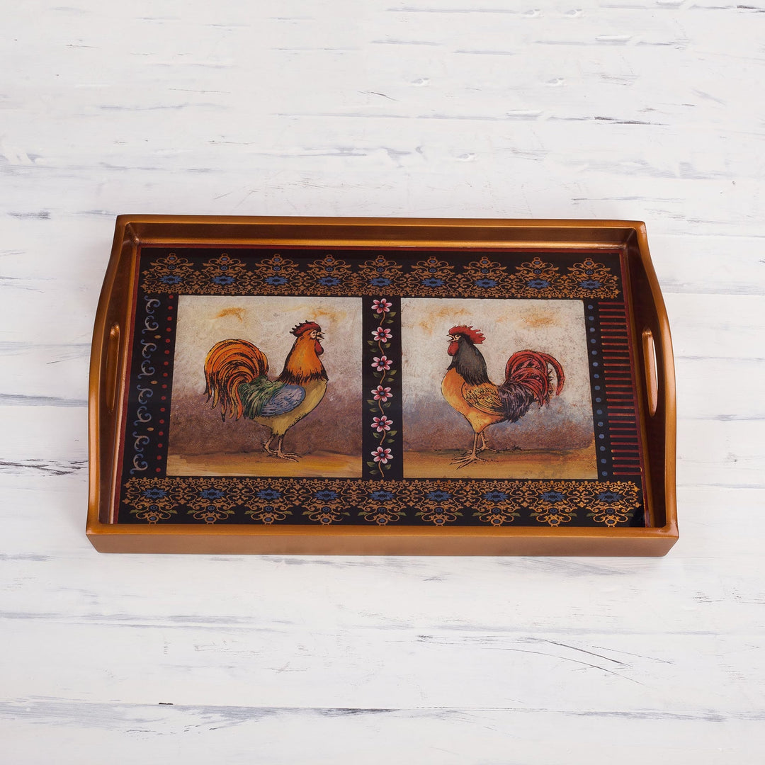 Rooster-Themed Reverse Painted Glass Tray - Crowing Roosters