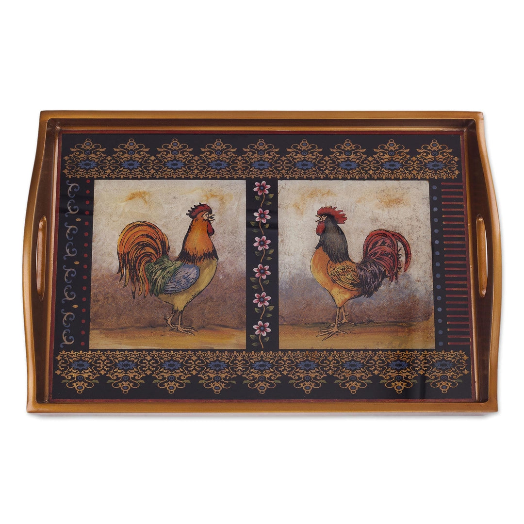 Rooster-Themed Reverse Painted Glass Tray - Crowing Roosters