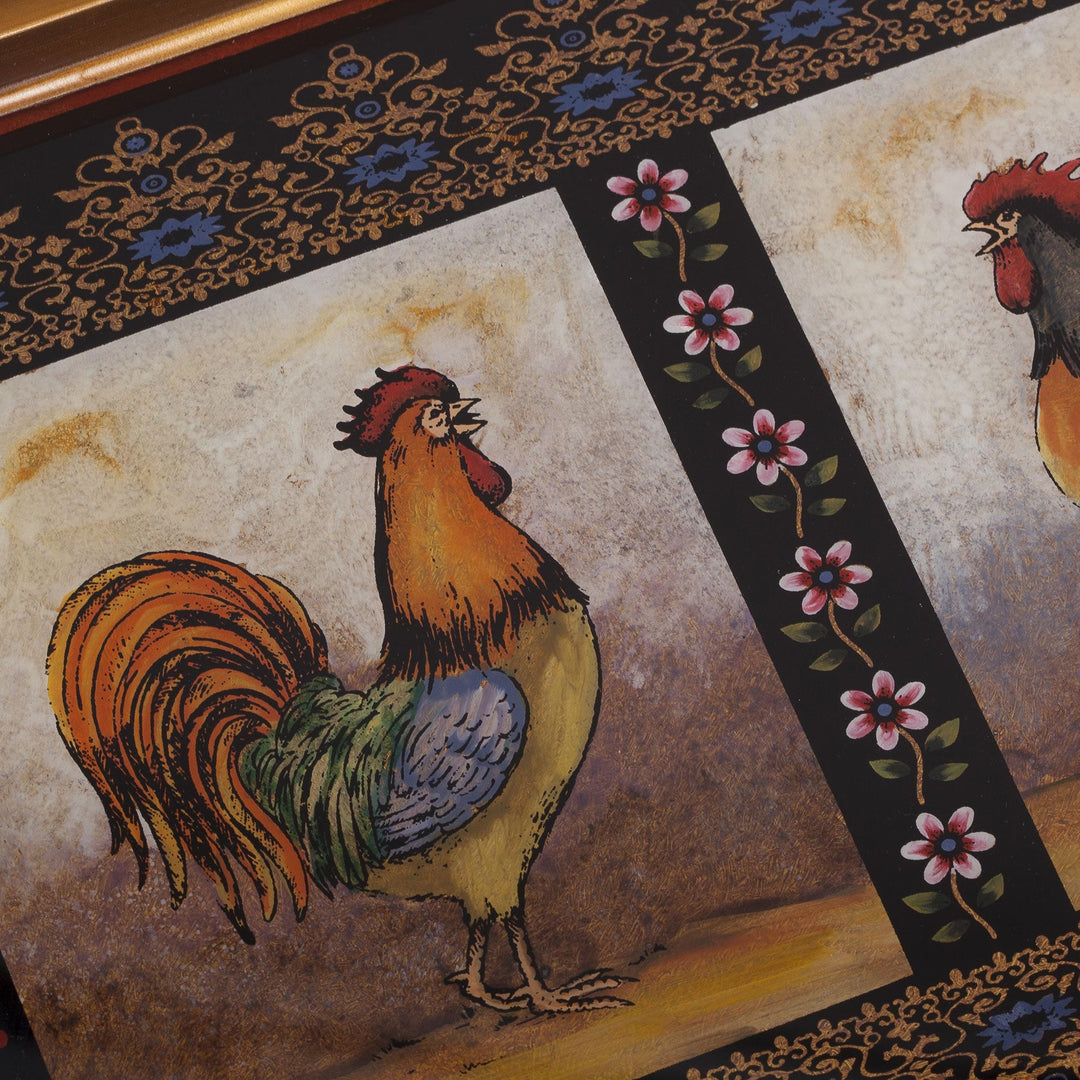 Rooster-Themed Reverse Painted Glass Tray - Crowing Roosters