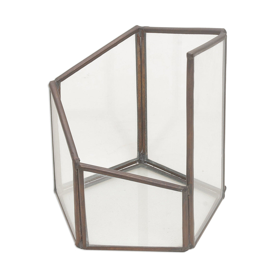 Handmade Javanese Glass and Brass Pentagonal Plant Terrarium - Pentagonal Illusion
