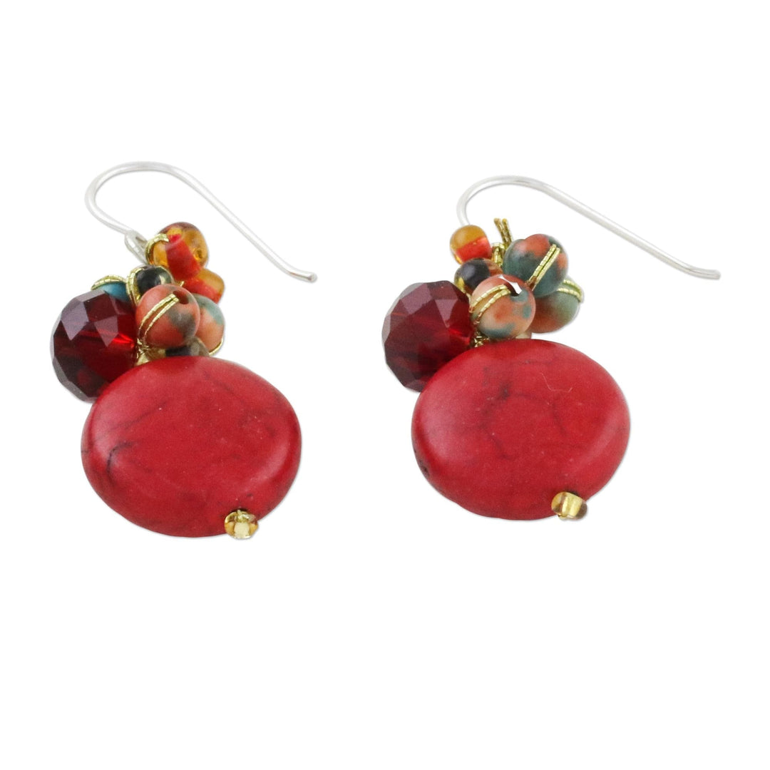 Red Calcite and Glass Bead Dangle Earrings from Thailand - Red Circles