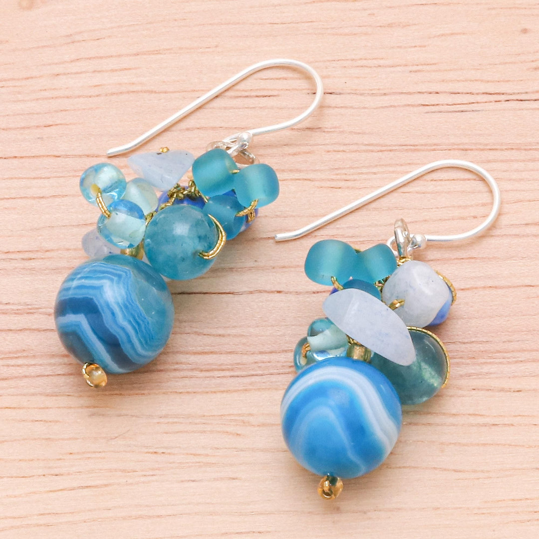 Blue Quartz and Glass Bead Dangle Earrings from Thailand - Lovely Blend in Blue