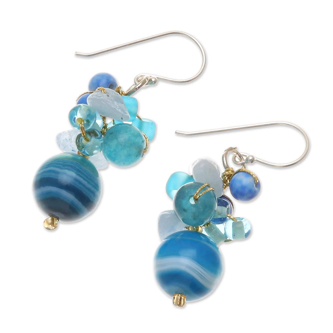 Blue Quartz and Glass Bead Dangle Earrings from Thailand - Lovely Blend in Blue