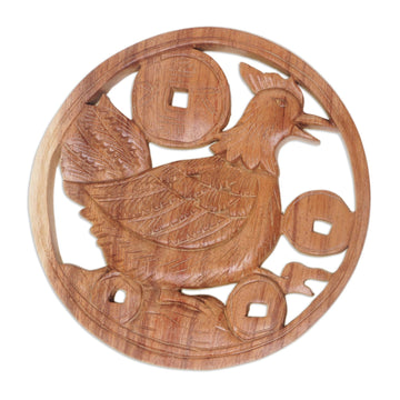 Lucky Hen and Chinese Coin Wood Wall Relief Panel - Lucky Hen