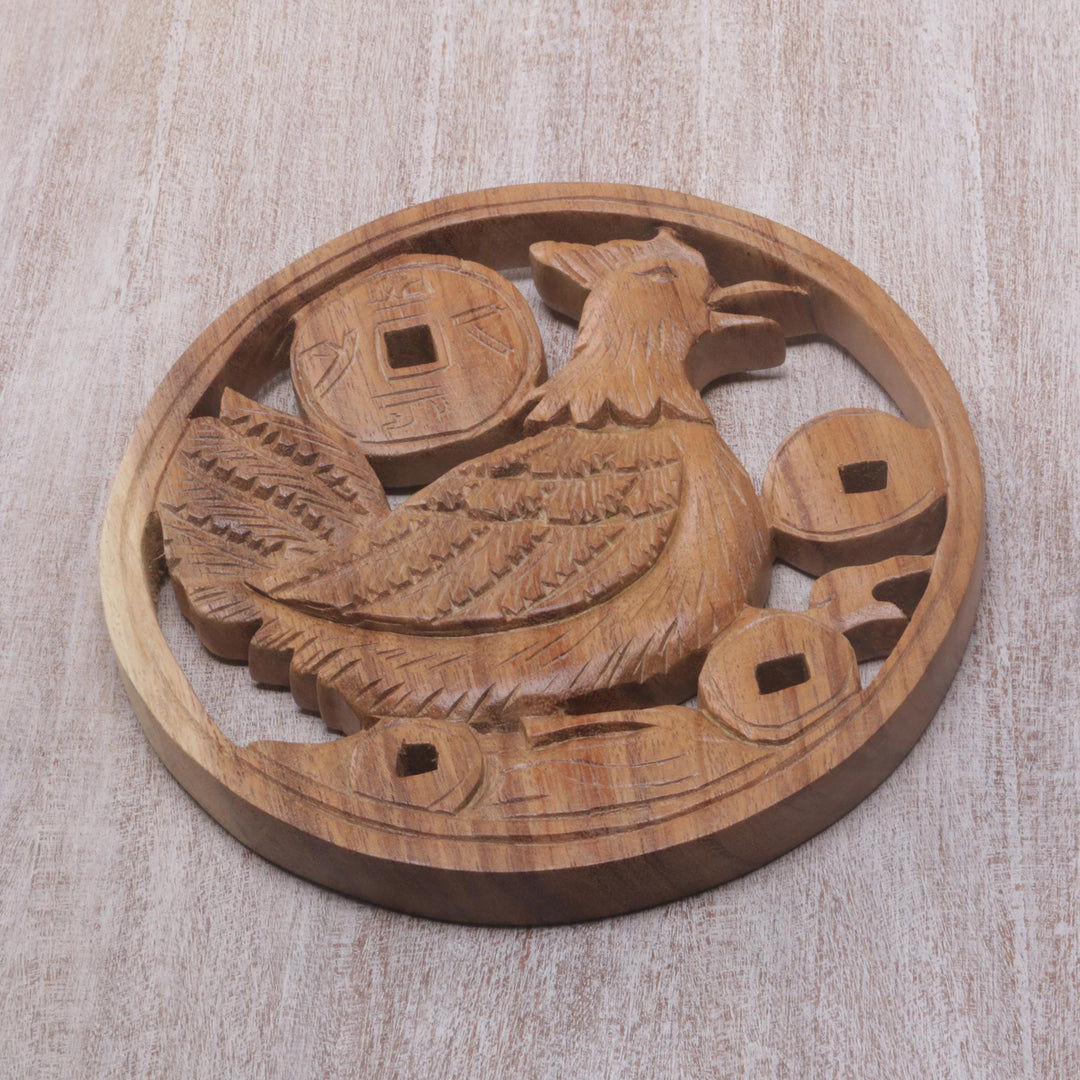 Lucky Hen and Chinese Coin Wood Wall Relief Panel - Lucky Hen