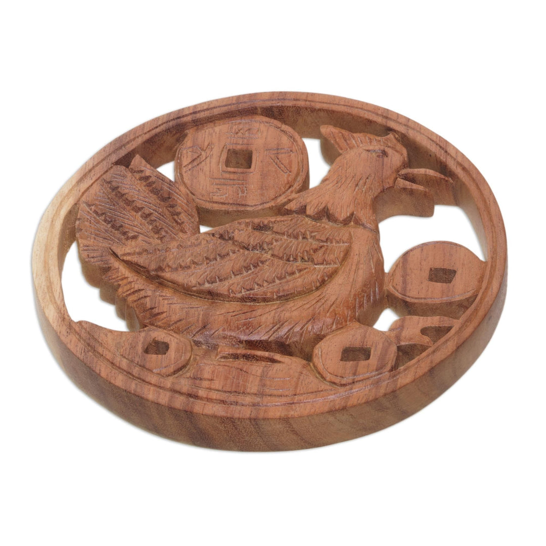Lucky Hen and Chinese Coin Wood Wall Relief Panel - Lucky Hen