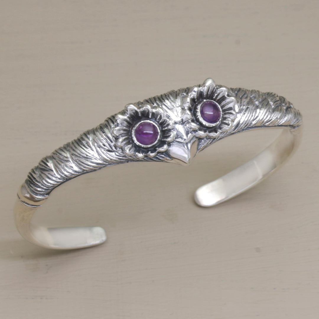 Women's Owl Cuff Bracelet with Amethysts in Sterling Silver - Always Watching