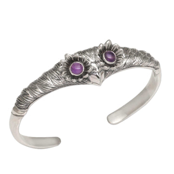 Women's Owl Cuff Bracelet with Amethysts in Sterling Silver - Always Watching