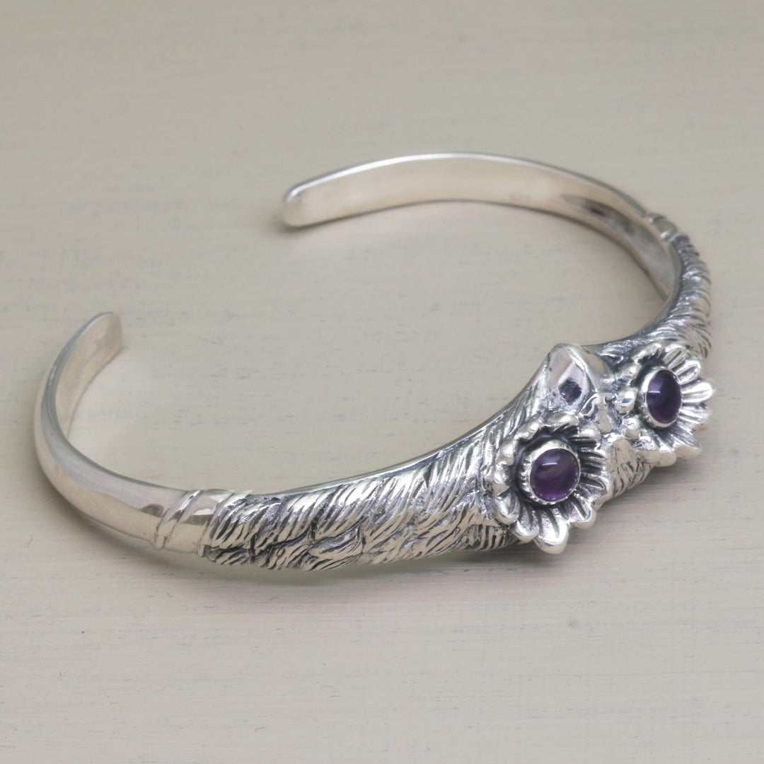 Women's Owl Cuff Bracelet with Amethysts in Sterling Silver - Always Watching