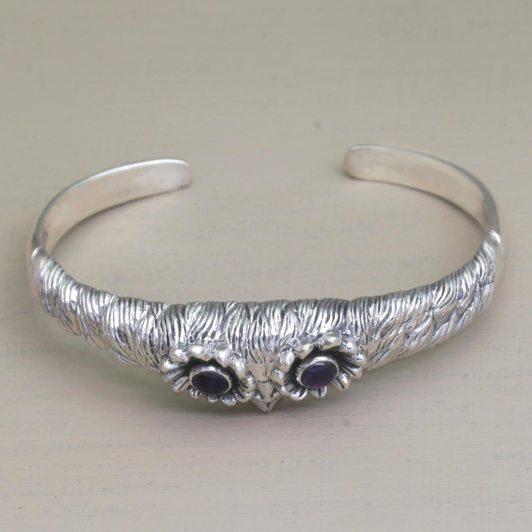 Women's Owl Cuff Bracelet with Amethysts in Sterling Silver - Always Watching