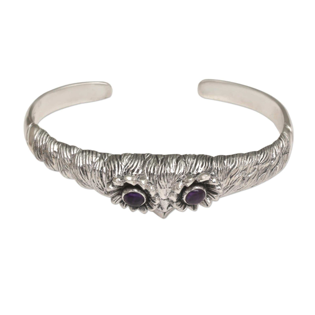 Women's Owl Cuff Bracelet with Amethysts in Sterling Silver - Always Watching