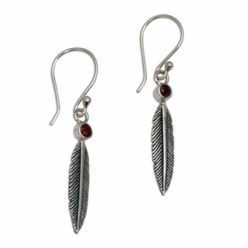 Garnet Feather-Shaped Dangle Earrings from Bali - Phoenix Feathers