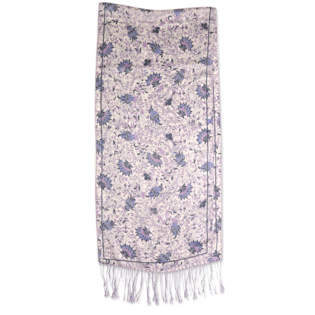 Lavender Floral Silk Scarf with Fringe and Wood Gift Box - Mystic Tundra