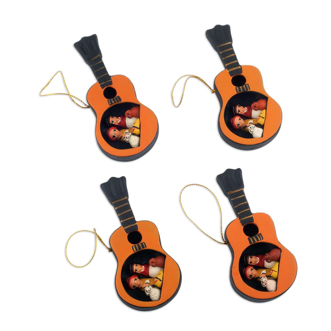 Four Music-Themed Ceramic Nativity Ornaments from Peru - Musical Nativity