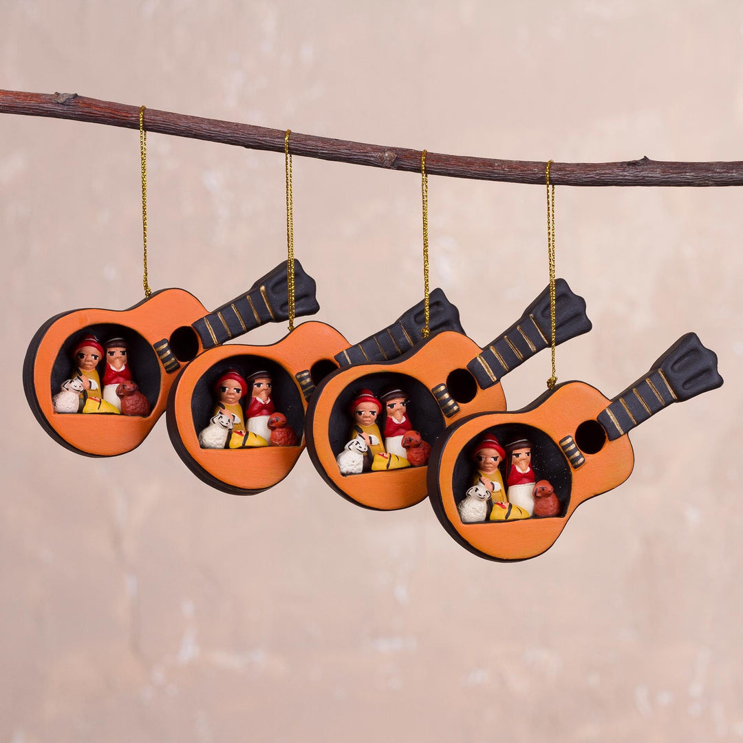 Four Music-Themed Ceramic Nativity Ornaments from Peru - Musical Nativity