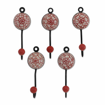 Five Floral Ceramic Coat Hooks in Red from India - Floral Muse in Red