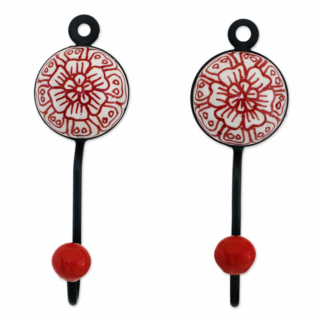 Five Floral Ceramic Coat Hooks in Red from India - Floral Muse in Red