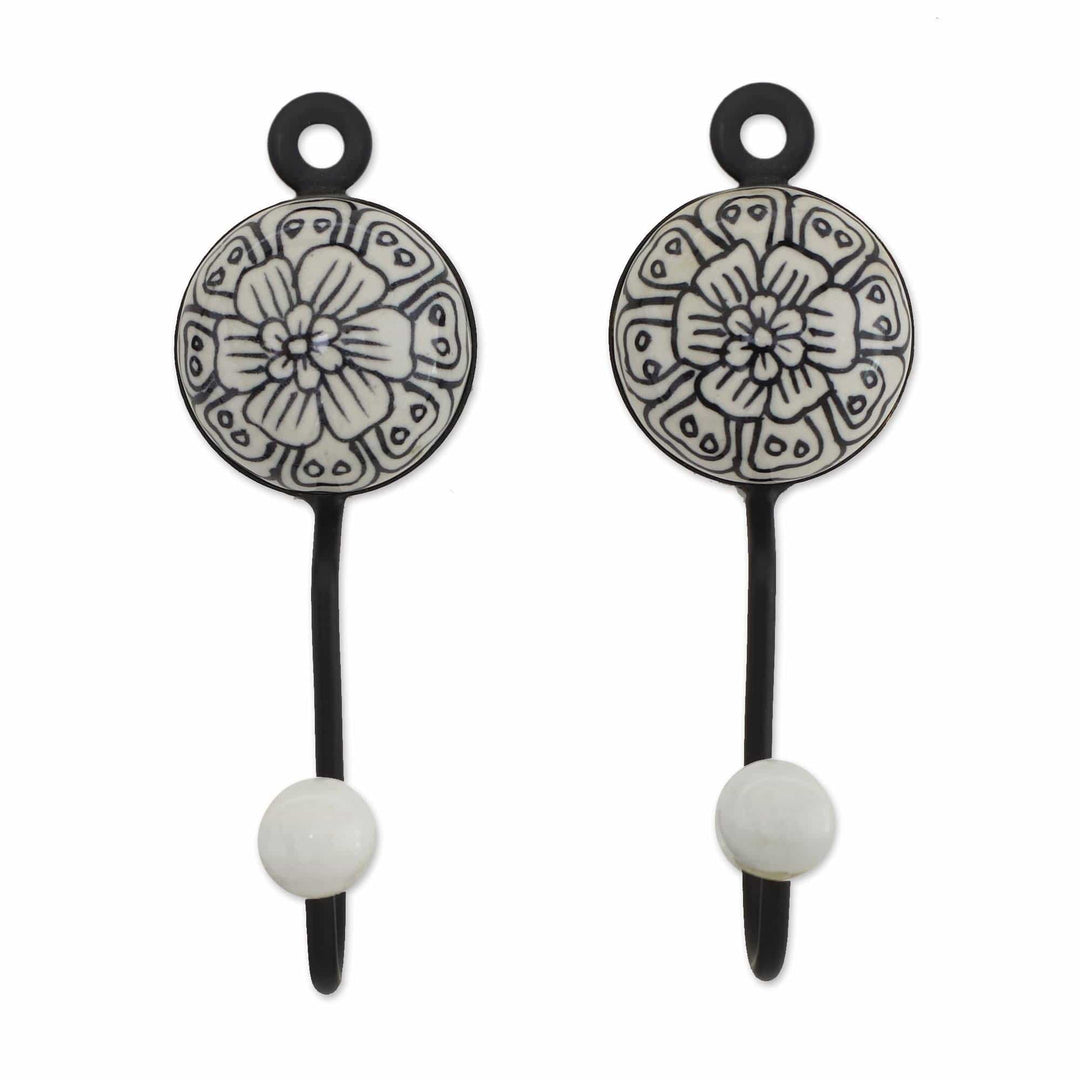 Five Floral Ceramic Coat Hooks in Black from India - Floral Muse in Black