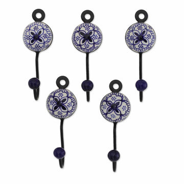 Five Hand-Painted Ceramic and Brass Coat Hooks from India - Charming Petals