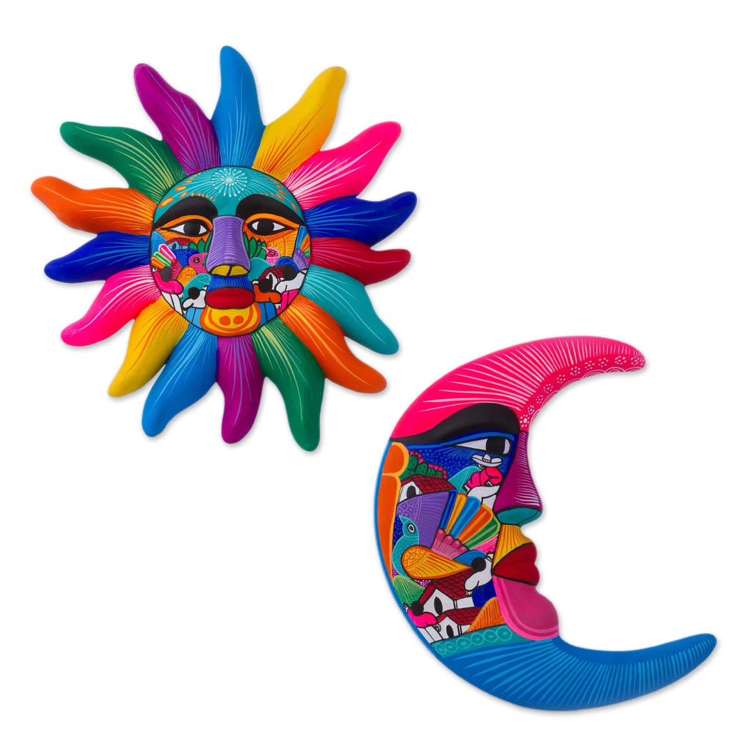 Mexican Hand Painted Sun and Moon Ceramic Wall Art - Celestial Couple
