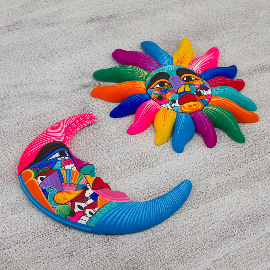 Mexican Hand Painted Sun and Moon Ceramic Wall Art - Celestial Couple