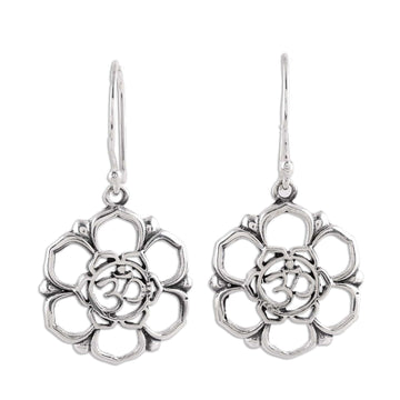 Sterling Silver Floral Om Symbol Dangle Earrings - Floral Om