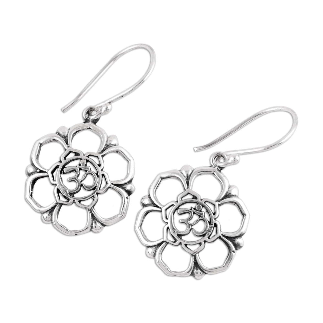 Sterling Silver Floral Om Symbol Dangle Earrings - Floral Om