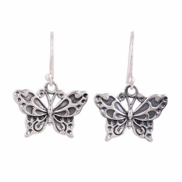 Detailed Sterling Silver Butterfly Motif Dangle Earrings - Dancing Butterfly