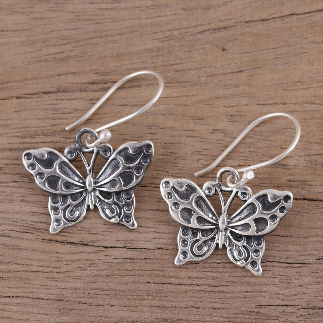 Detailed Sterling Silver Butterfly Motif Dangle Earrings - Dancing Butterfly