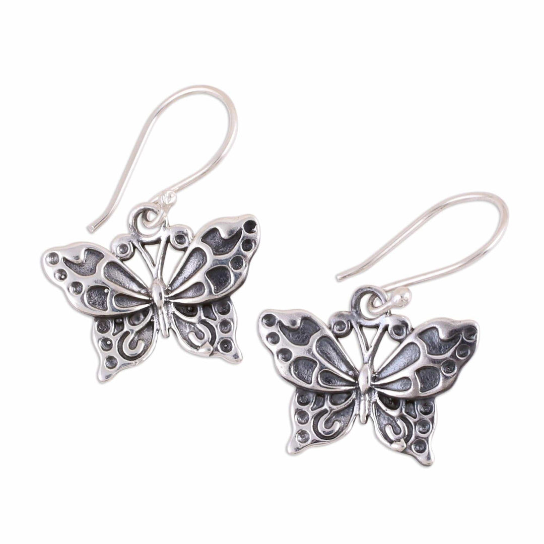 Detailed Sterling Silver Butterfly Motif Dangle Earrings - Dancing Butterfly
