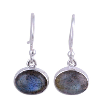 Sterling Silver Hook Earrings with Labradorite Cabochons - Dark Aurora