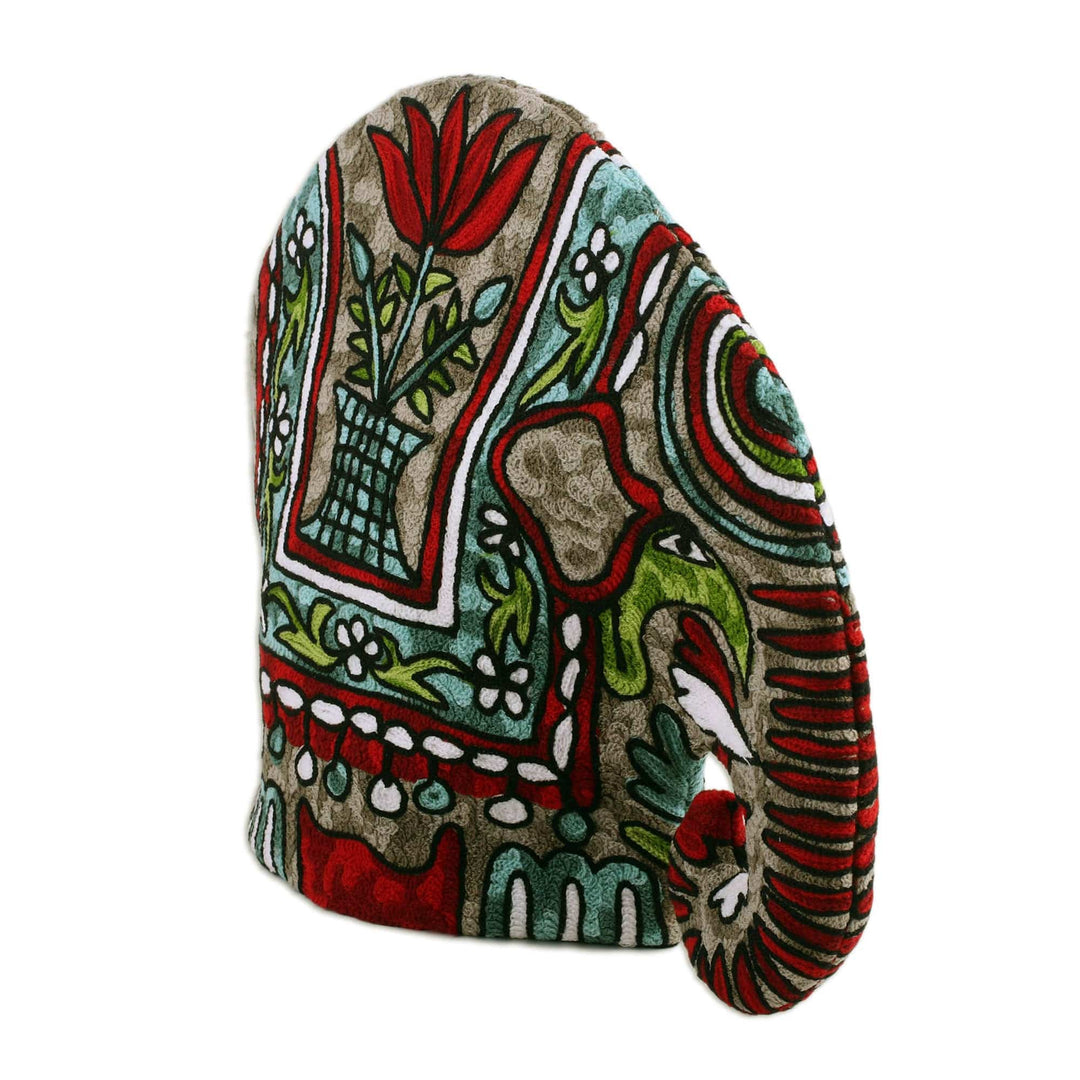Indian Chain Stitched 100% Wool and Cotton Elephant Tea Cozy - Marching Elephant in Red