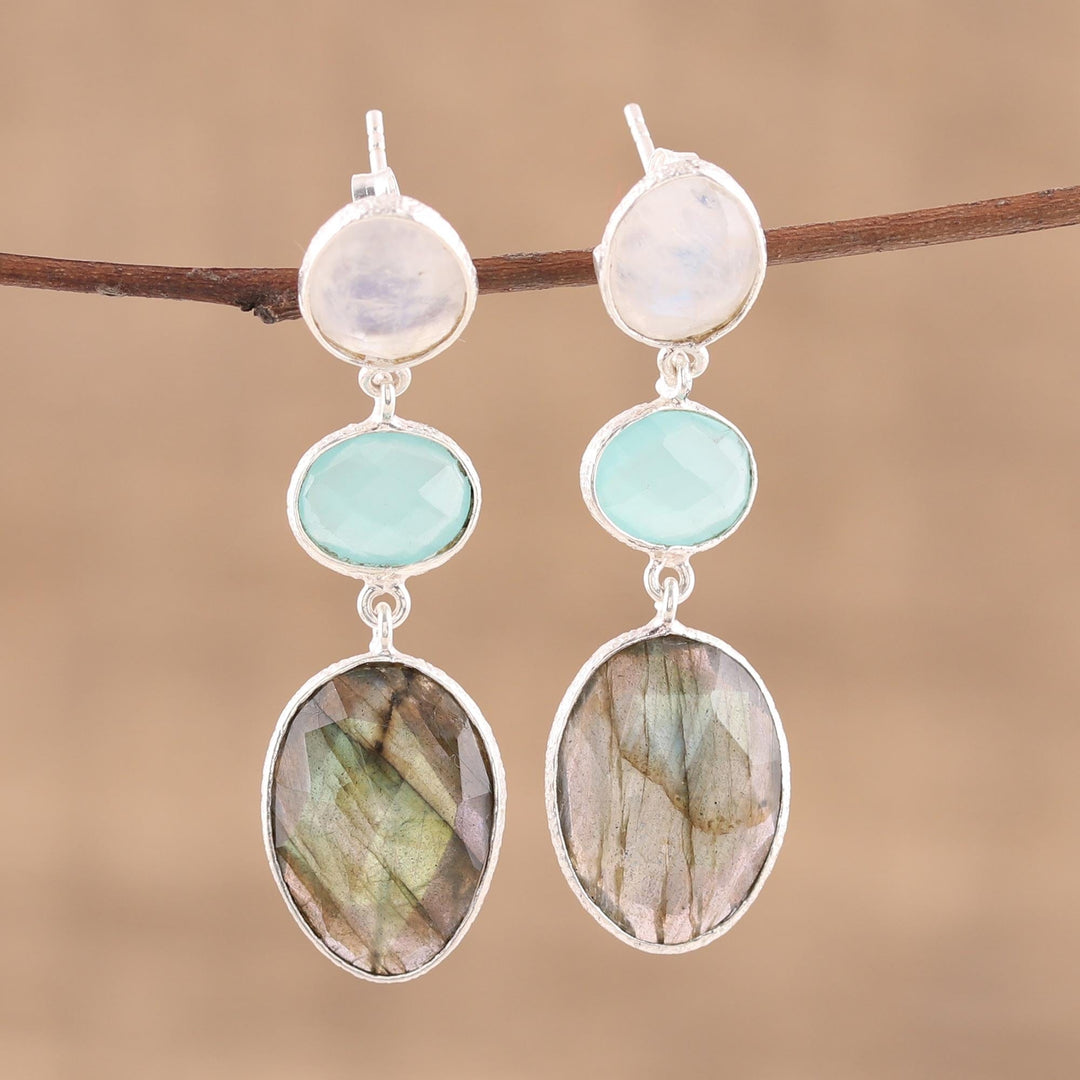 Multi Gemstone Sterling Silver Post Dangle Earrings - Majestic Trio