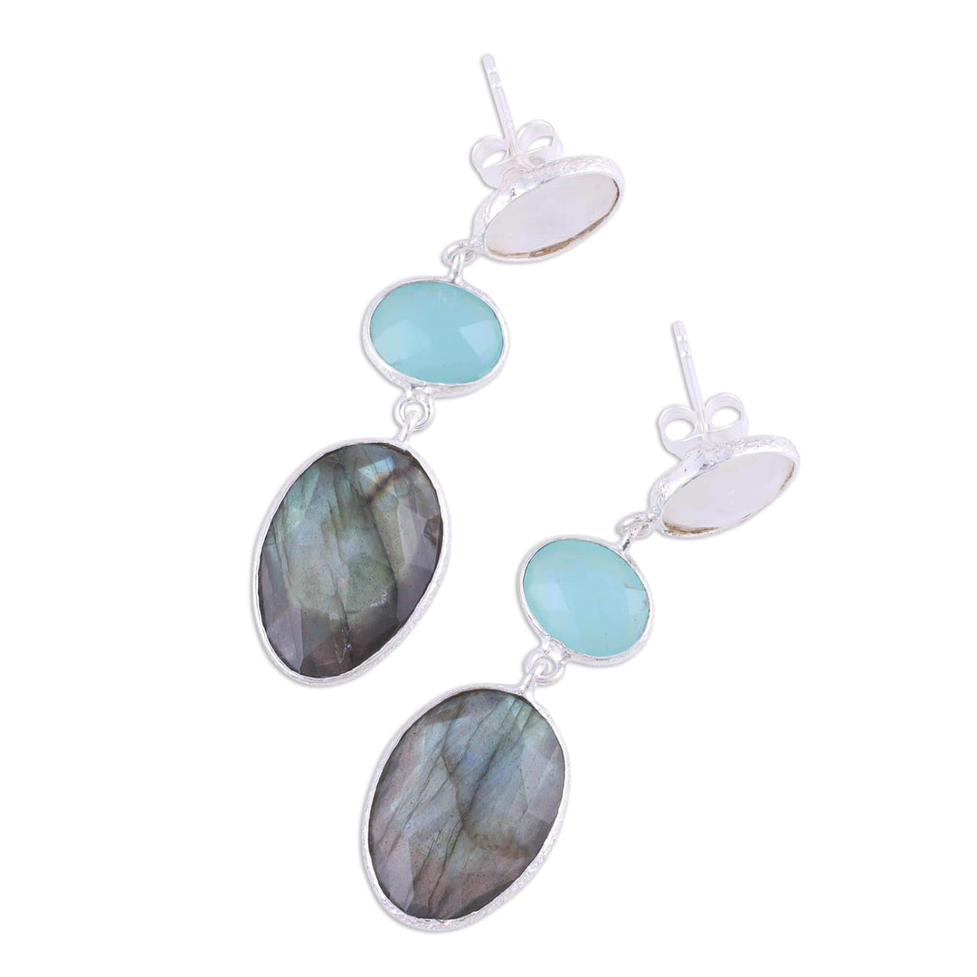 Multi Gemstone Sterling Silver Post Dangle Earrings - Majestic Trio