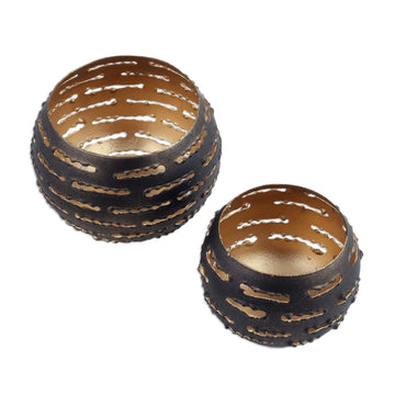 Pair of Handcrafted Steel Tealight Holders from India - Slatted Glow