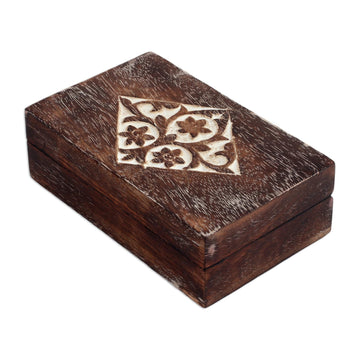 Handcrafted Floral Mango Wood Decorative Box from India - Blossoming Rhombus