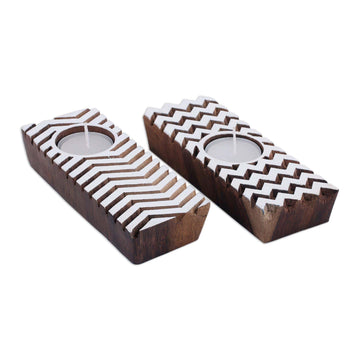 Hand Carved Wooden Tealight Candle Holders (Pair) - Zigzag Flair