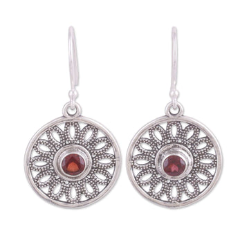 Circular Garnet and Silver Dangle Earrings - Dotted Gleam