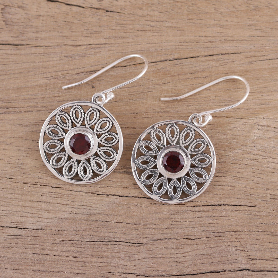 Circular Garnet and Silver Dangle Earrings - Dotted Gleam