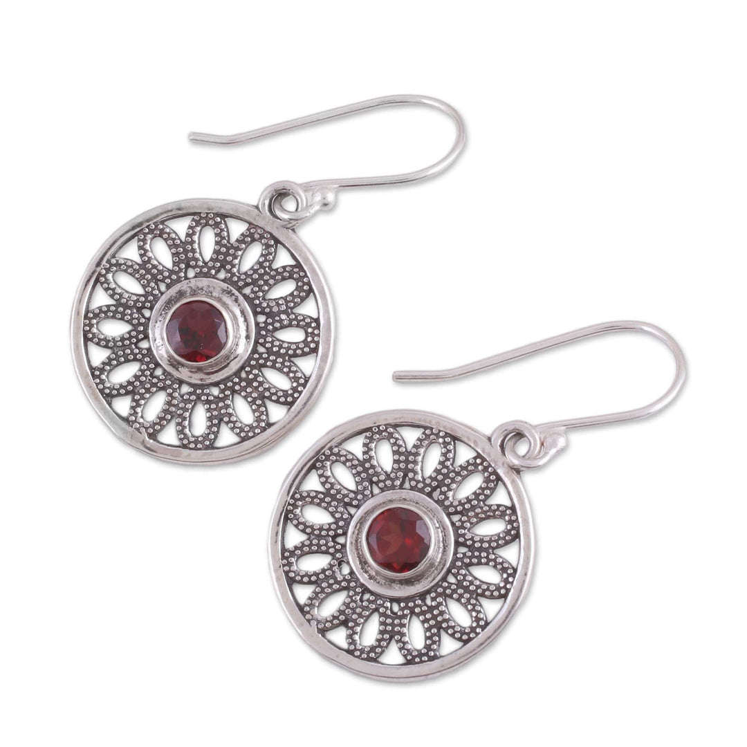 Circular Garnet and Silver Dangle Earrings - Dotted Gleam