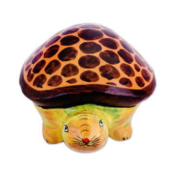 Hand-Painted Papier Mache Turtle Decorative Box from India - Happy Turtle