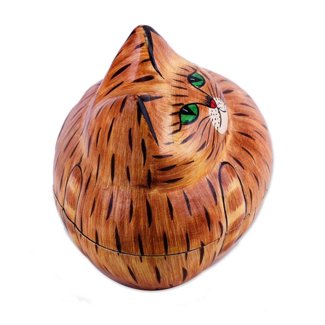 Brown Papier Mache Cat Decorative Box from India - Comfy Cat