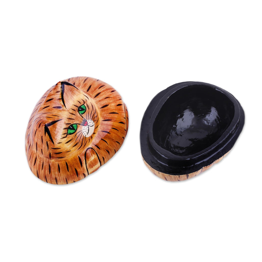 Brown Papier Mache Cat Decorative Box from India - Comfy Cat