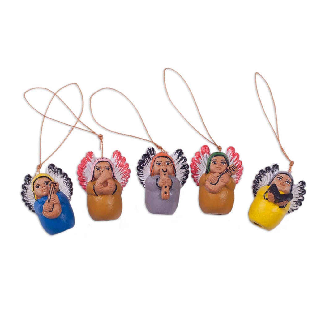 Four Hand-Painted Ceramic Musical Angel Ornaments from Peru - Angel Band