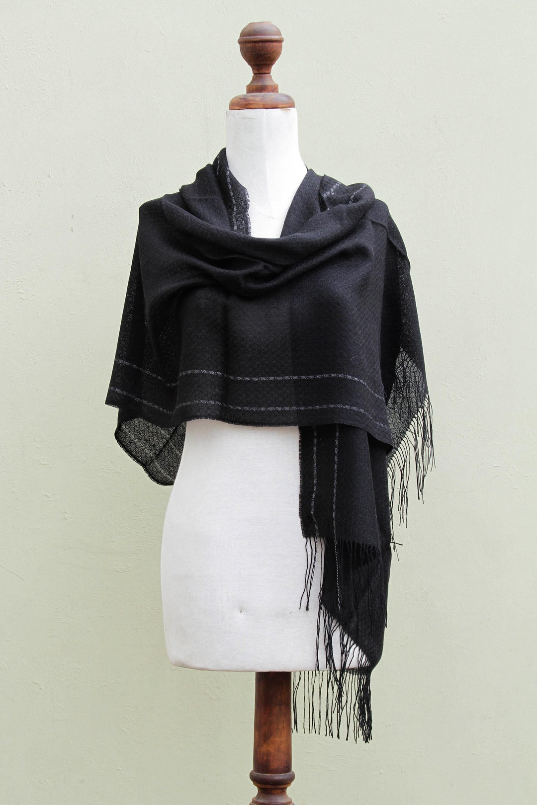 Handwoven Alpaca Blend Shawl in Black from Peru - Sensual Mystery