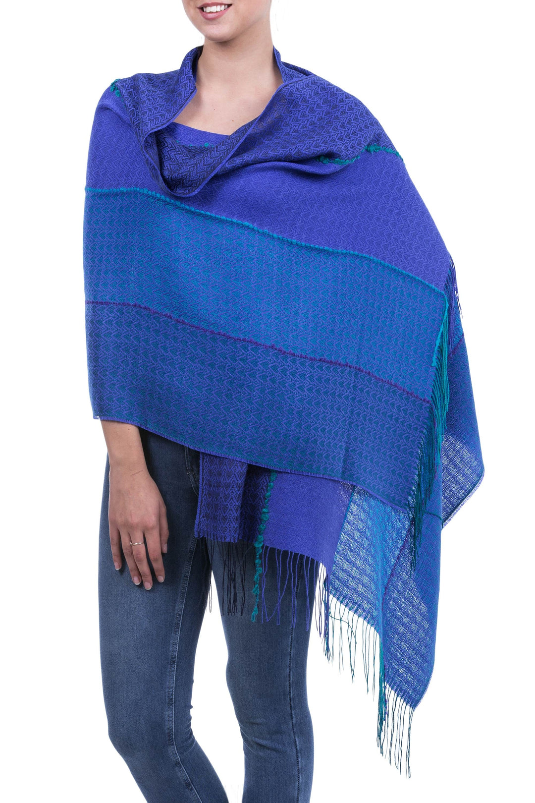 Handwoven Alpaca Blend Shawl with Blue Stripes from Peru - Passionate Woman in Blue