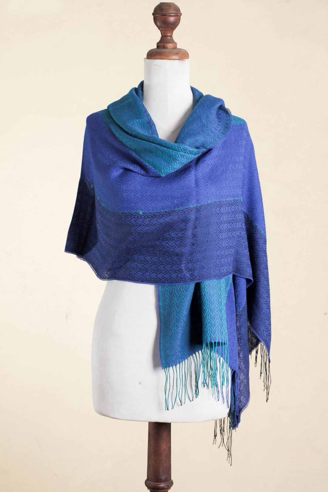 Handwoven Alpaca Blend Shawl with Blue Stripes from Peru - Passionate Woman in Blue